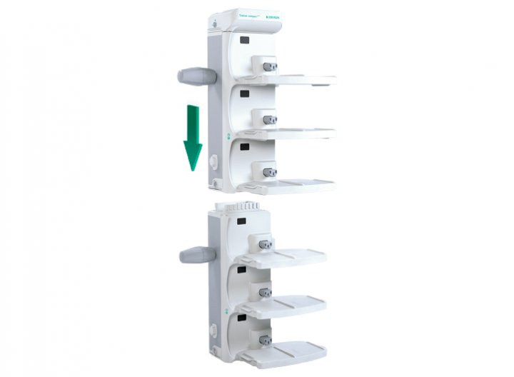 Station Compact Plus Dockingstation für 1-3 Infusionspumpen. Die Werkzeuglose Montage von bis zu 6 Stationen, in einer oder zwei Säulen, ermöglicht die einfache und schnelle Datenkommunikation mit maximal 18 Infusionspumpen. 