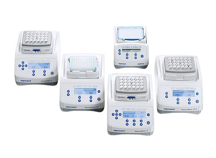 ThermoMixer Mixer family for reaction tubes, PCR plates, deepwell plates and MTPs. These devices combine precise temperature control and mixing in the laboratory.