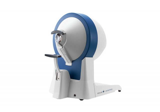 Ophthalmologic instrument for perimetry. Easy to use by electrically adjustable chin rest and integrated docking station for a laptop. 